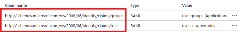 Screenshot of roles and groups claims in Entra ID